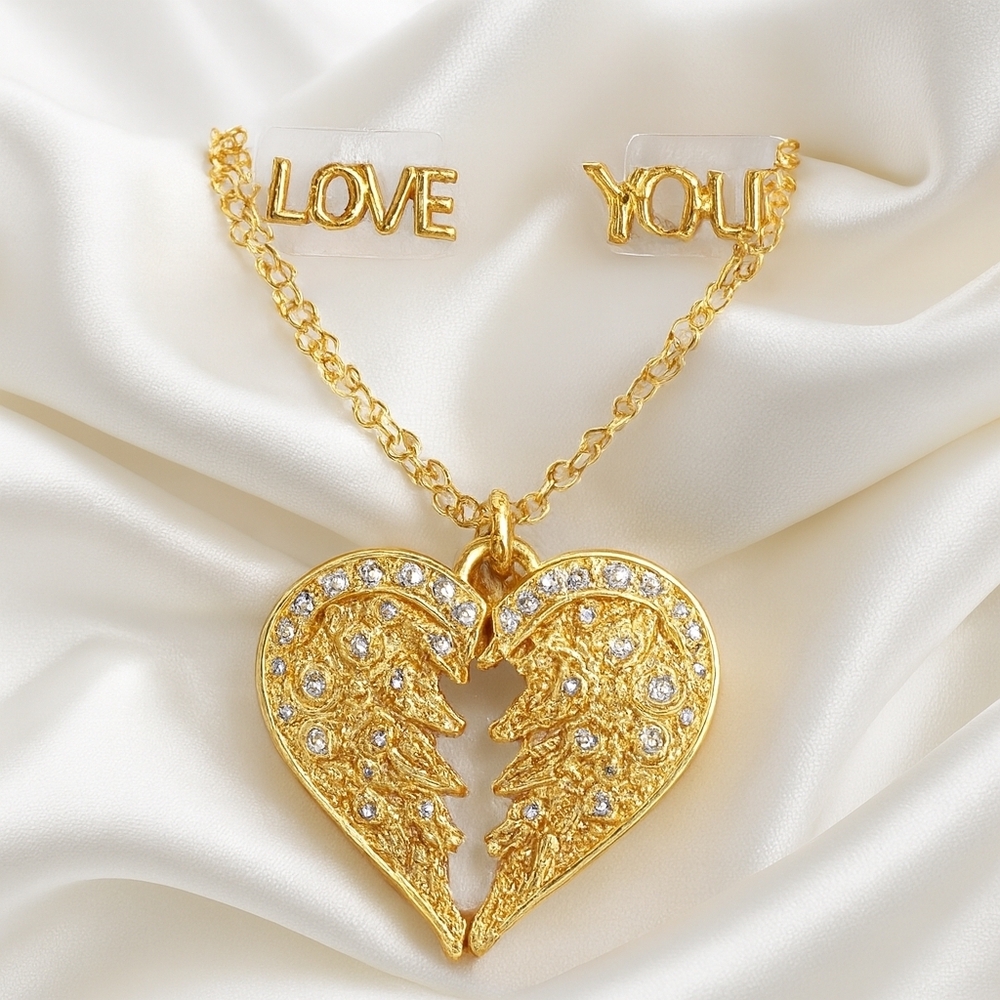 Women’s Gold Heart Pendant Crystal Necklace, “Love You” Stud Earrings -  Jewelry